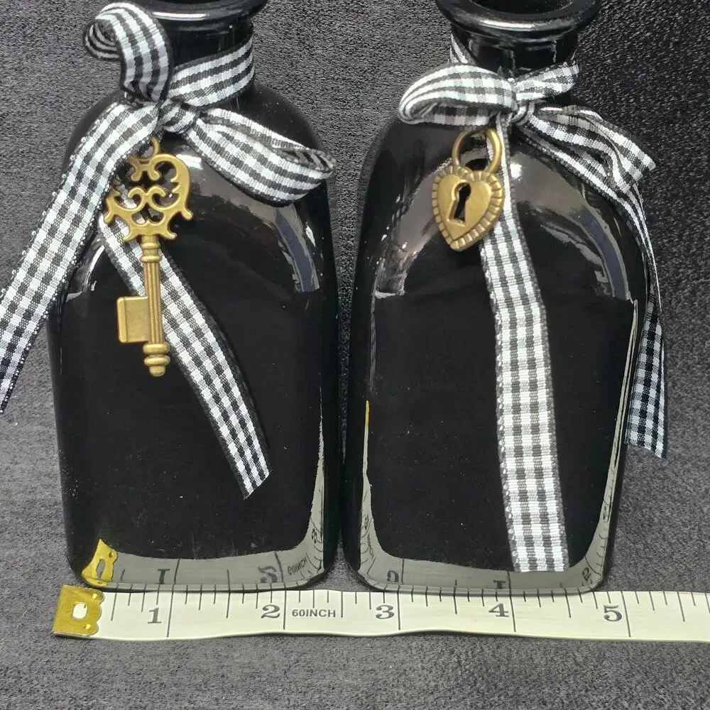 Country Mini Bud Vase Black Bottle Checkered Ribbon with Key & Heart Charms